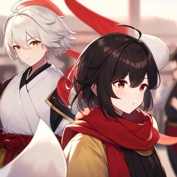 Clear Focus, High resolution, white fluffy short hair with one red streak in hair, ahoge, wearing a red black and golden scarf, short sleeve is white and a slight hint of red, top half of body is a samurai outfit, one side is white and other is black and red, sleeve 2 is black but the at the end its a wavy gold, wearing a black short skirt,