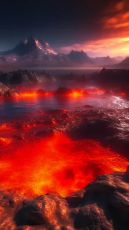 Lava lake in hell with land surrounding it, realistic close up