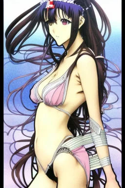 a copic maker manga illustration by yoshiyuki sadamoto and lois van baarle and alphonse mucha of an anime girl highly detailed eyes wearing bikini and boxers lots of zippers, pockets, synthetic materials, by issey miyake and balenciaga 8 k ​