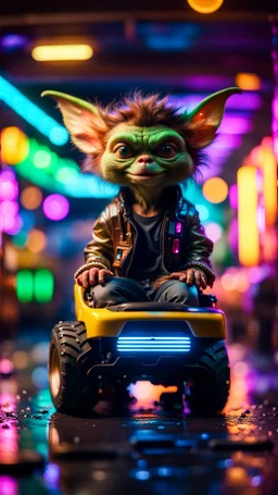 portrait of brown Hairy Gremlin myth buster pimp ninja yoga cyber punk in flying hipster lawn tractor parked in dark neon lit reflective wet arcade hall tunnel,bokeh like f/0.8, tilt-shift lens 8k, high detail, smooth render, down-light, unreal engine, prize winning