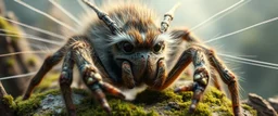 the high speed magical face of a fluffy dragon spider yoga with charm in web from mossy tower, master oil painting by Rembrandt and Escher, in his moss covered space station, brightened edges to give a sense of depth, motion blur