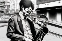 One single mature cat playing saxophone on the street, Osaka, thoughtful, mourning, model style, hyper realistic, extremely accurate, delicate, extremely detailed, Graphic novel style, wide-angle, open aperture, superfine pencil