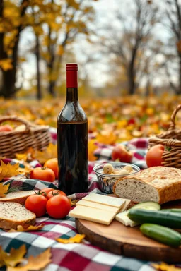 autumn picnic, there is a bottle of wine on the bedspread, fruits and vegetables, cheese and bread, tomatoes, cucumbers,hyperdetalization, premium photos, version 6.1