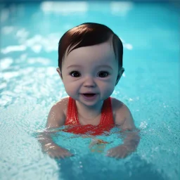 Baby swimming in pool unreal 5, octane render,cinema4d, dynamic lighting, dramatic lighting, 4k, redshift render, highly detailed, hyper realistic.