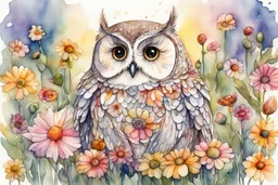 thankful praying owl girl in flowergarden in sunshine, watercolor and ink