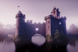 old castle, foggy, moat and drawbridge. surrounded by cliffs, purple