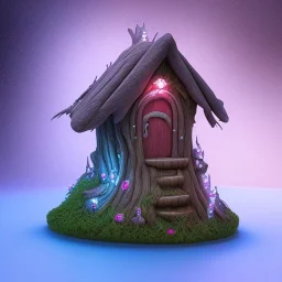 fairy house in the forest, blue and pink lights