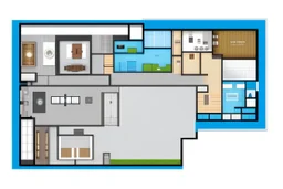 Humanized plan of a modern, single-story residence consisting of 3 bedrooms, 1 suite, a large kitchen, 3 bathrooms, a garage for 2 cars and a modern laundry room.