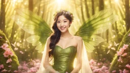 A gorgeous smiling Asian model in a fairy outfit with great glittering wings in a magic forest with 1000 y/o trees, a small torrent, loads of mini flowers, moss, sun rays through the branches, particles in the air at dawn