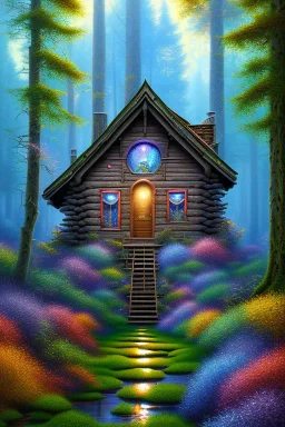 mystical forest, wooden cabin, fine detail, high quality, Neo-Impressionism, mystical, purple blue yellow silver teal black olive azurek, red, pink, brown,