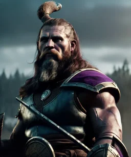 A strong and muscular viking portrait with metal face , purple and black colours, atmospheric, realistic, unreal engine, cinematic lighting, octane render, 8k.