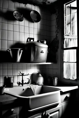 an old-fashioned kitchen in a abandoned farmhouse, cobwebs, lots of mouses sitting in the sink, black and white photograph, close-up view, high contrast, heavily underexposed, extremely sharp, rich in details, close to nature