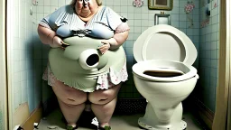 big lady standing next to broken toilet