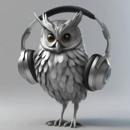 Illustrative sketch of a 3D Pixar image of a humanoid owl in music with headphones, full body, ultra quality, 8k