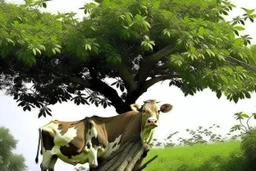 cow stuck in the top of a tree can not get down