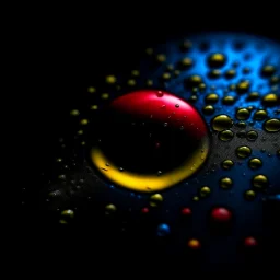 circle of waterdrops, dark romantic atmosphere with blue red and yellow