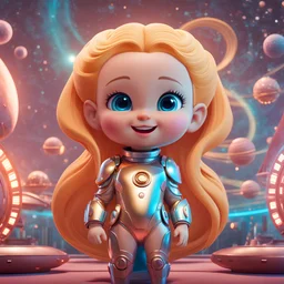 (masterpiece, best quality, 8k, RAW photo, beautiful and aesthetic:1.2), complex detail, Indirect light, photorealistic, (((full body))), Cosmic Boss Baby style smiling, Long clear curvy hair, colorfull Sci-Fi environment