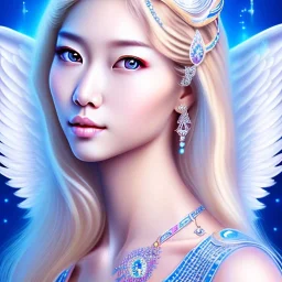 portrait of a beautiful asian woman with an angel face smiling,long blond hair, blue eyes, pink and blue dress, jewels, soft light aura