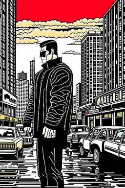 punisher sku;; CITY WALKING IN THE STREET AWAY FROM THE CAMERA the style of Hiroshi Nagai