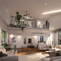 beautiful house inside living room, Illustration drawing style, around Sunset, 3D render drawing style, around Sunset