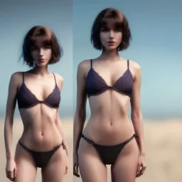 a short hair guy with a boyish face a beautiful cleavage in a lace neckline with a man's short haircut a thin waist and wide hips in bikini in sauna