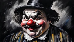 acrylic illustration, acrylic paint, oily sketch,, hdr, close-up, noire tragicomedy, dark room, portrait of (a fat clown:1.1), sad, (clown, powdered face:1.09), thick cheeks, (moustache:1.05), sad smile, 50 years old, messy hair, bowler hat, pale skin, film grain, bokeh, dramatic, (vignette:0.9)