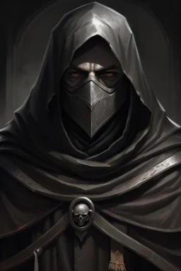 dungeons and dragons character portrait: man wearing old black robes over a dark silver breastplate and a white porcelain mask with two black eyeholes over his face. His black hood is drawn over his head