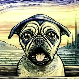 hand draw cool pug illustration cool clothes , cap written DUBAI