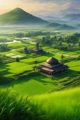 Beautiful Digital Painting art Landscape villages islamic Mosque,surrounded rice paddy fields, photoshoot fromfar