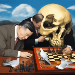 Putin, President Xi Of China And Joe Biden Play Chess With A Pigeon,Ufo And Atomic Bomb Mushroom Cloud,Complex Surgical Instruments Intermixed With A Newborn Boy,Minimalism,Painting By Adrian Ghenie,Rene Magritte,Pablo Picasso,Michelangelo,Salvador Dali,Lucian Freud