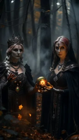 close up portrait of merciless medieval countess and her creepy sister in big eyed trance, metal gauntlets holding fire ball portal, full moon, swirly mist,autumn wind, performing arcane invocation ritual of smoke demon with immense power on luminous stone altar in dark forest grove, shot on Hasselblad h6d-400c, zeiss prime lens, bokeh like f/0.8, tilt-shift lens 8k, high detail, smooth render, down-light, unreal engine, prize winning