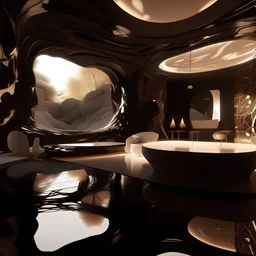 A close-up of a cave villa fully furnished with cream lushl furniture The translucent within the fractal glows with a captivating mesmerizing dance of recursion. The sunset glow casts an otherworldly upon the sleek black chocolate glazed surface, creating an enchanting visual spectacle.