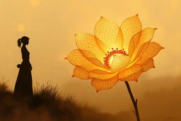 A panoramic mixed-media digital painting in a 3:1 format, filled with warmth and atmosphere. A silhouetted woman stands gracefully on the left, holding a large glowing lace flower made of delicate cream and