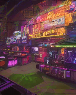 A dark photo of the corners of an 80's aesthetics arcade at night, with a lot of functioning arcade machines, a vaporwave floor and some colorful tiles in between the floor. Purple aesthetics. There are some pizza boxes over some of the arcade machines. The wall has a ticket shop who sells plushies, food and laser tag guns