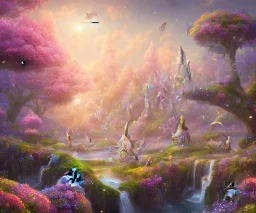 mondo fairy,paesaggio da favola,unicorno,principessa e alberi magici,fiori colorati luminosi