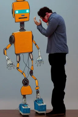 Artist crying next to a robot