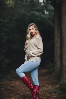 beautiful 18 year old girl with ash blonde hair and blue eyes with her curvy hair down, wearing a long-sleeved woollen top, and lilac long leggings, with long red boots full body standing pose shot