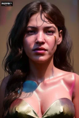 Realistic image, Rosalía artist, portrait, waist up portrait, sweet, gold, pink, geisha style, led lights, fog, rain, latex, vibrant color, highly detailed, art stations, concept art, smooth, unreal engine 5, god rays, ray tracing, RTX, lumen lighting, ultra detail, volumetric lighting, 3d, finely drawn, high definition, high resolution.