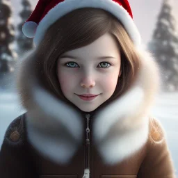 Portrait of girl child with brown hair and with cute face, north pole snowy vibe , perfect composition, hyperrealistic, super detailed, 8k, high quality, trending art, trending on artstation, sharp focus, studio photo, intricate details, highly detailed, by greg rutkowski