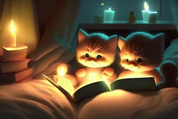 phosphorescent glowing cute soft chibi kittens in a bedroom, reading a book by candlelight on the bed