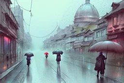 street with some people. Rain and fog. Rainy day. Jean-Baptiste Monge style, watercolor, ink. Picturesque and colorful. Modifiers: highly detailed intricate 8k beautiful award winning fantastic view very cute no watermark Yasek yerka