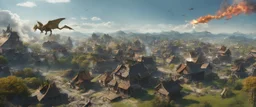 friendly dragons made of smoke fly high above a small village with intricate dwellings, with distant hills & fields : ultra high detail, photorealistic, epic cinematic, 8K, Large depth of field