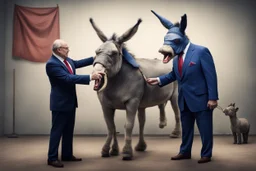 an evil puppetmaster forcing the democratic donkey to fight the republican elephant