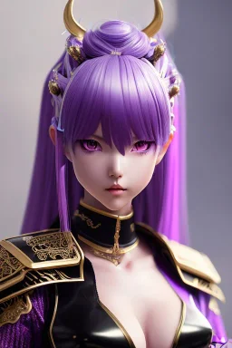 Detailed cute anime Kunoichi girl, purple hair buns, purple bangs, black latex bodysuit, intricate details, full body portrait, keep head in frame, slight smile, black Japanese motif, concept art, highly detailed, digital painting, concept art, sharp focus, illustration, art by Yoji Shinkawa, WLOP and greg rutkowski and alphonse mucha and artgerm and yanjun Chen and Junji ito and Makoto Shinkai, HDR, octane render