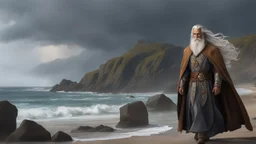 The stately and wise sorcerer named Pealda Stormbringer is walking on a rocky beach looking at a stormy ocean. He is dressed as a lord. He has grey hair and a white beard. beautiful light brown leather gloves. no jewelry. everything is intricately sculpted, exquisite realism, fantasy art, identical eyes, perfect face, Hyperrealistic, splash art, concept art, mid shot, intricately detailed, color depth, dramatic, 2/3 face angle, side light, colorful background