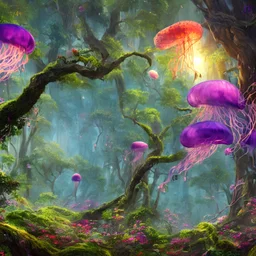 Powerful forest, living air, flying jellyfish, social and colective tree, synergy in life, Colective creatures, wonderful flying organisms, beauty as flower, colorful and detailed creatures, multiple species, detailed painting, splash screen, multiple complementary colors, fantasy art, fantastical and realistic landscape, intricate detail, 8k resolution trending on Artstation Unreal Engine 5