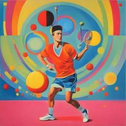 the tennis player juggles his racket: colorful and humorous, quirky avant garde [in oger dean's style] futuristic, neo-dada