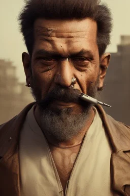 a portrait of rough dude from Mumbai india, cyborg , incredibly sharp & detailed, cinematic, vintage , smoking a cigratte