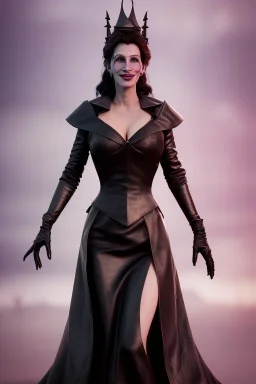 Julia Roberts as evil queen in black leather gown, evil, busty, cleavage, curvy, angry, stern look. character design by cory loftis, fenghua zhong, ryohei hase, ismail inceoglu and ruan jia. unreal engine 5, artistic lighting, highly detailed, photorealistic, fantasy