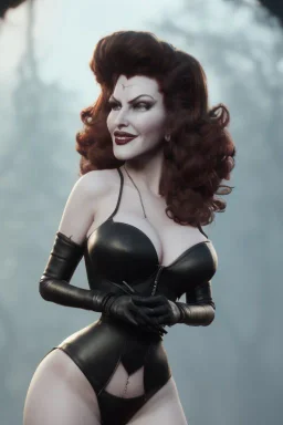 Rita Hayworth as evil queen in black leather, busty, cleavage, curvy, angry, stern look. character design by cory loftis, fenghua zhong, ryohei hase, ismail inceoglu and ruan jia. unreal engine 5, artistic lighting, highly detailed, photorealistic, fantasy